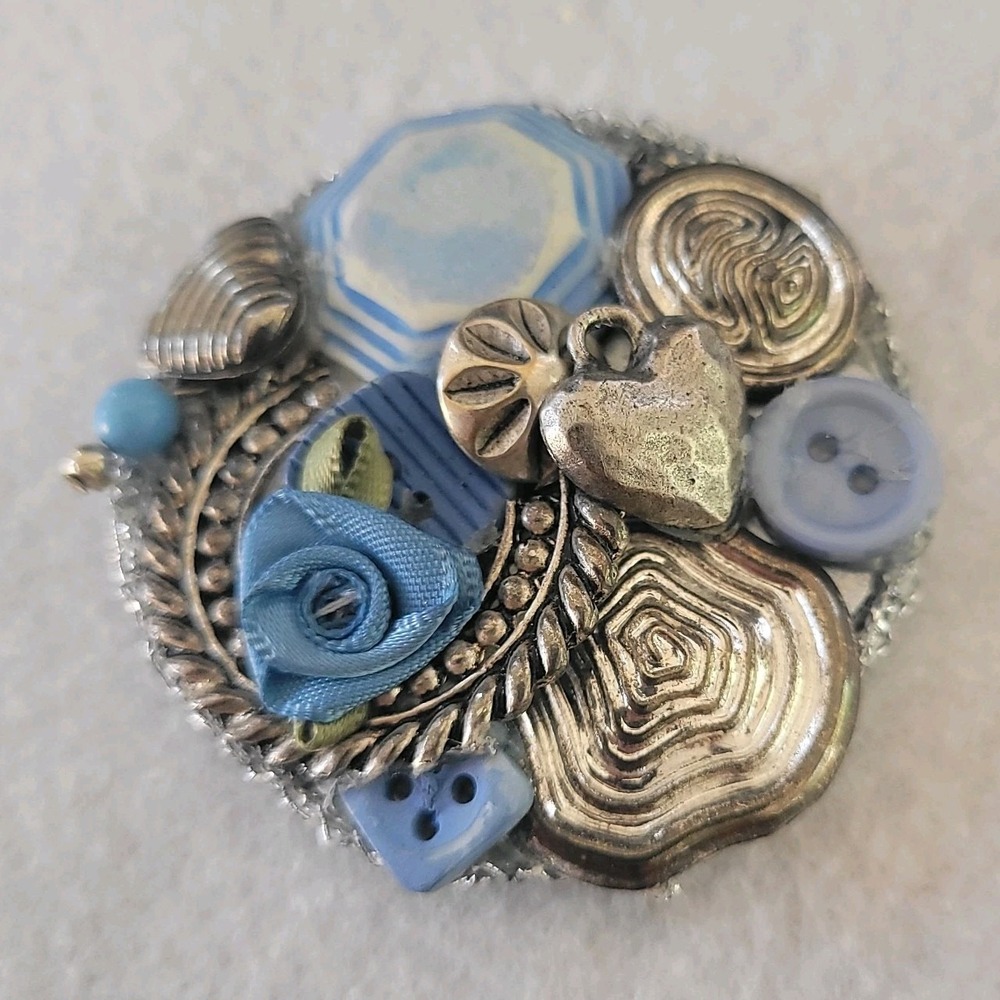 Artisan Blue Button Heart Brooch Mixed Metal Rose Assemblage Wearable Art